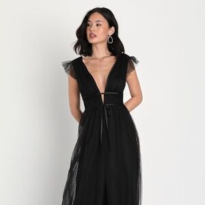 Lulus I'm All Yours Black Tulle Ruffled Maxi Dress - Size L